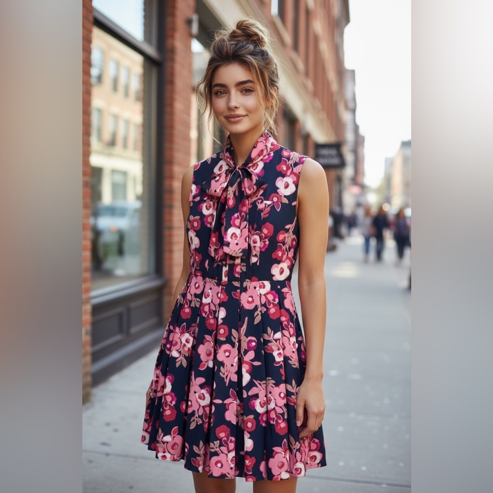 Kate Spade New York Shadow Bud Black and Pink Silk Print Pleated Floral Dress